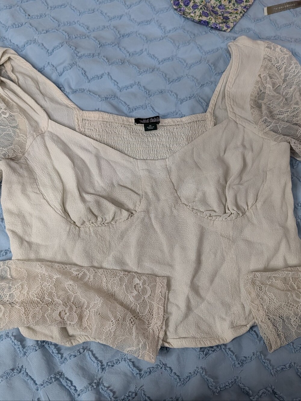 wild fable Cream Lace-Sleeve Cropped Square-Neck Top